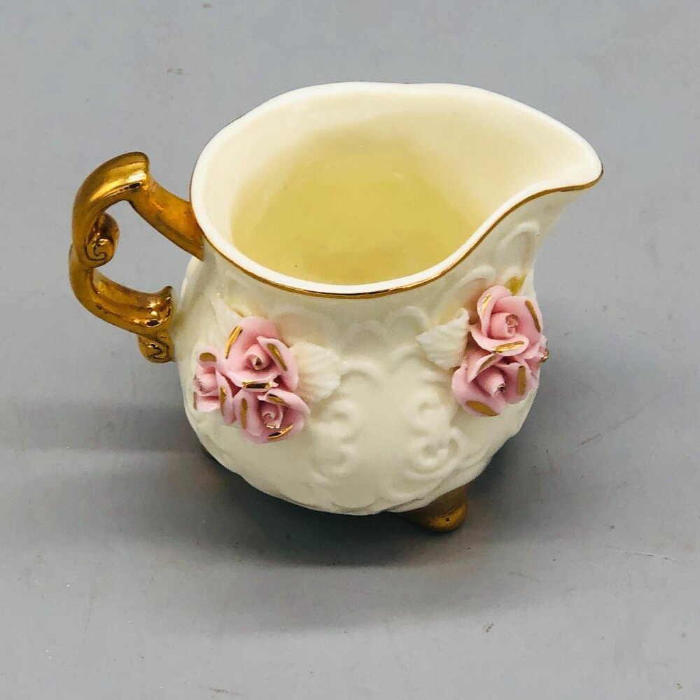 creamer floral white pink gold trim & handle 3x4" READ